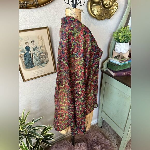 Free People Easy Rider Blue Green Red Rose Floral Sheer Button Up Blouse Sz M - Picture 3 of 12